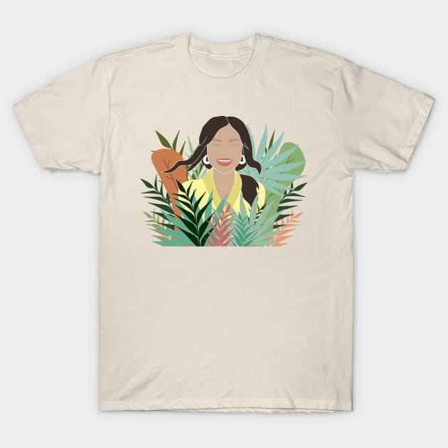 Laughing girl and big multicolored leaves T-Shirt by Nataliia1112